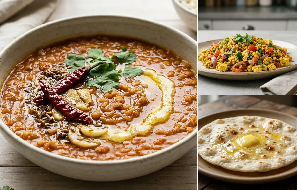 Masoor Dal with Vegan Tofu Bhurji, Jowar Roti and Plain Yogurt Cup