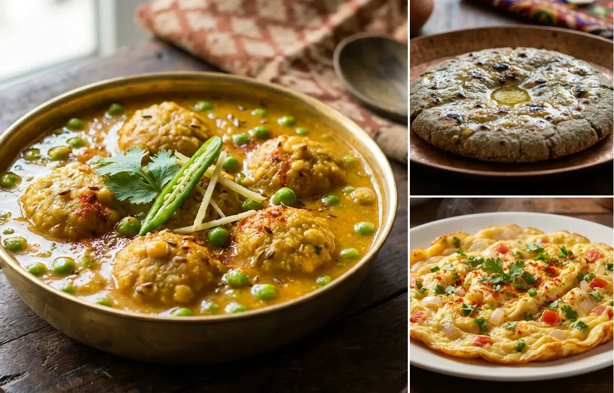 Matar Mangodi Sabzi with Bajra Roti and Masala Omelette
