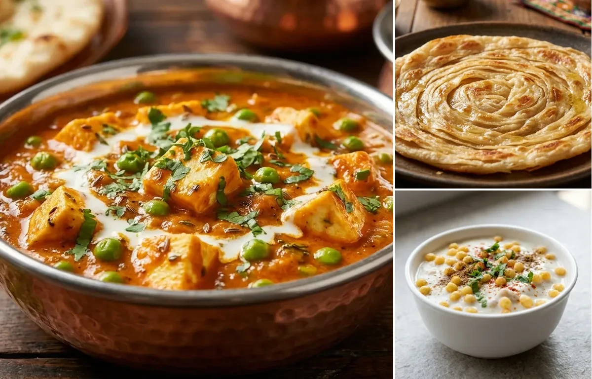 Matar Paneer with Laccha Paratha and Boondi Raita