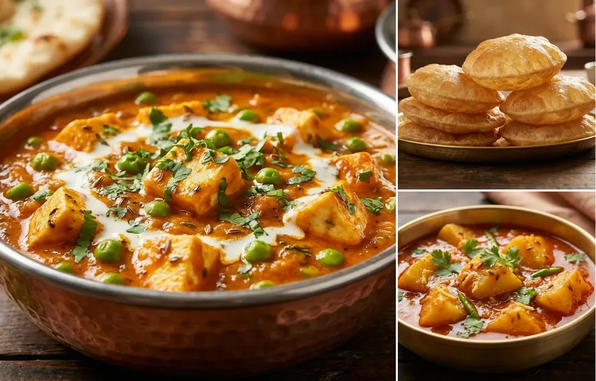 Matar Paneer with Puri and Aloo Rasedar