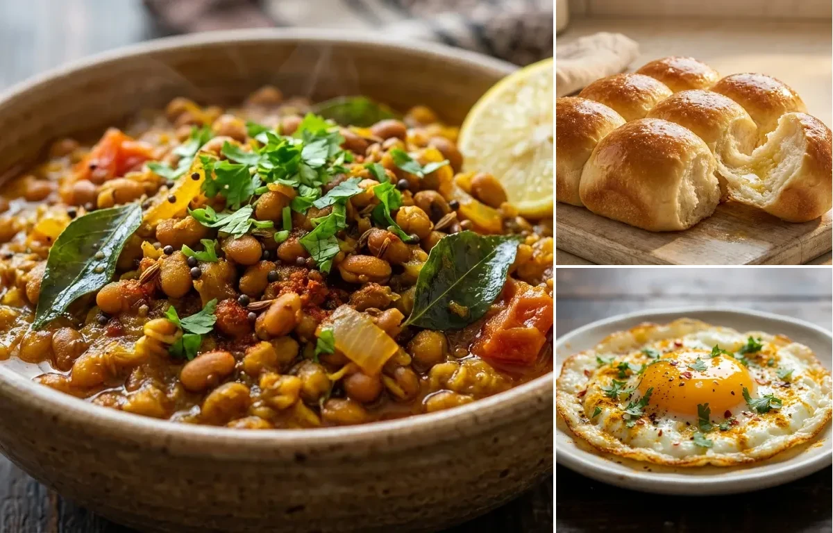 Matki Usal with Ladi Pav and Fried Egg