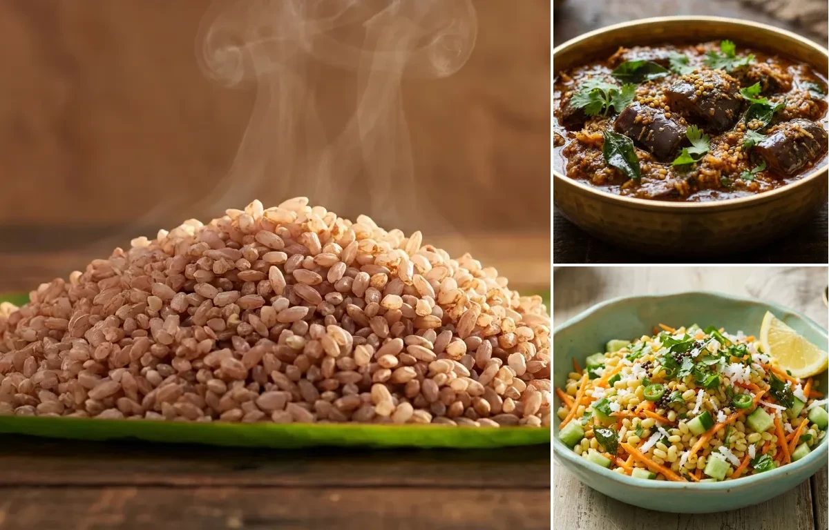 Matta Rice with Badane Gassi and Moong Dal Kosambari