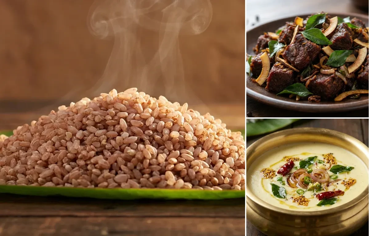 Matta Rice with Beef Ularthiyathu and Moru Curry