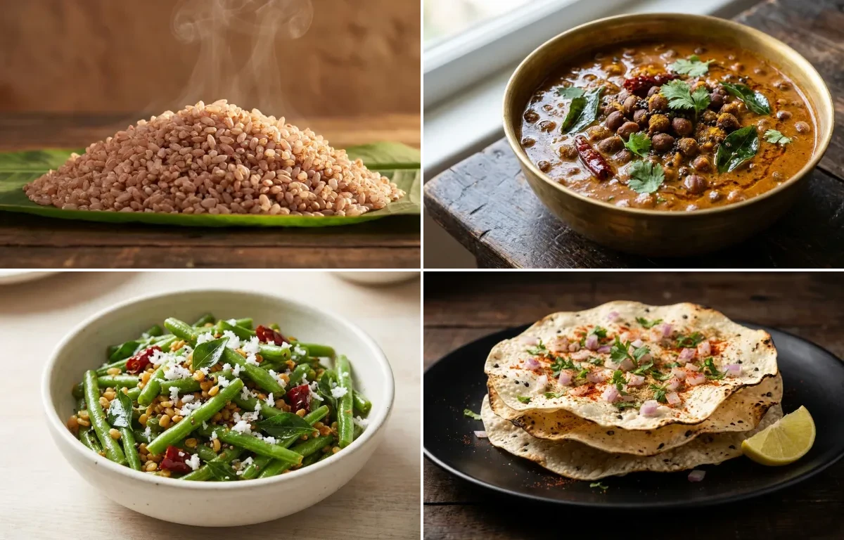 Matta Rice with Kadle Gassi, Beans Upkari and Urad Dal Papad
