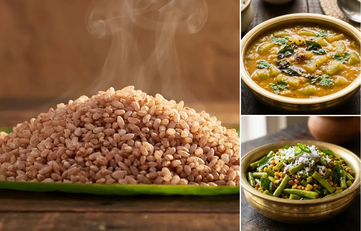 Matta Rice with Mogekayi Huli and Long Beans Palya