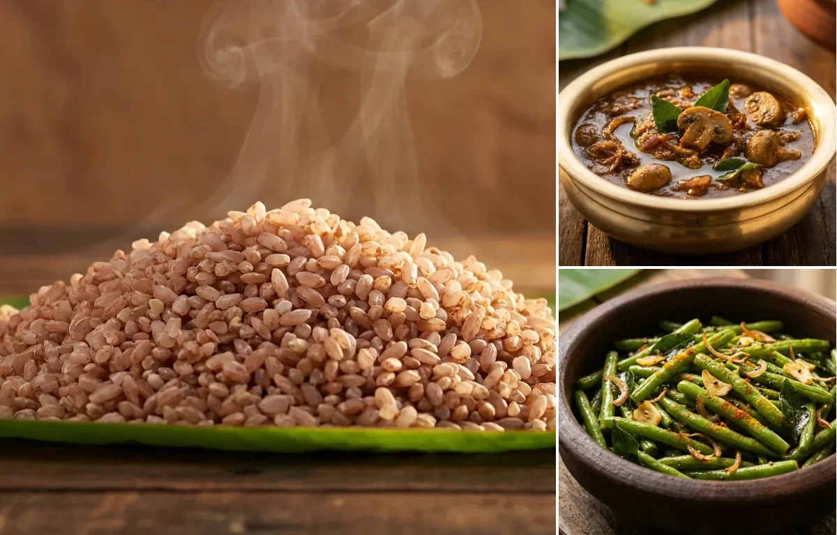 Matta Rice with Mushroom Theeyal and Beans Mezhukkupuratti