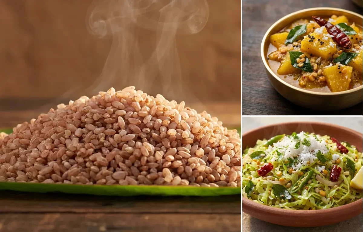 Matta Rice with Pineapple Menaskai and Cabbage Palya