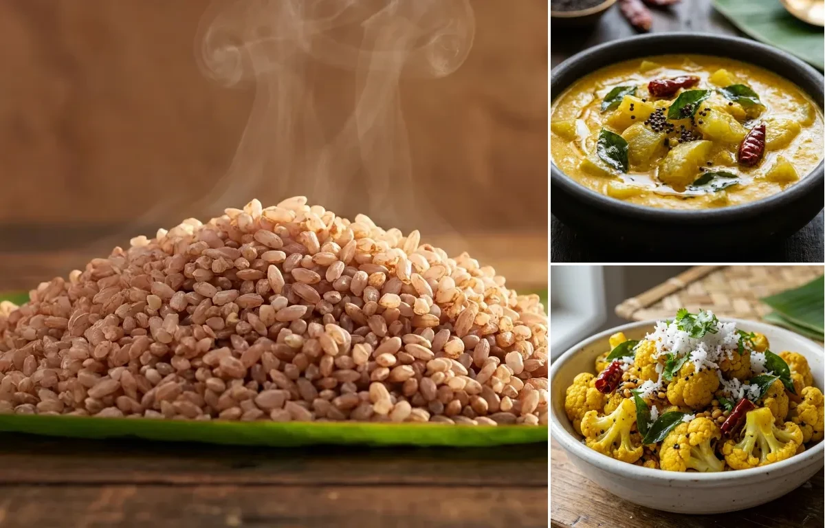 Matta Rice with Southekayi Gassi and Cauliflower Upkari