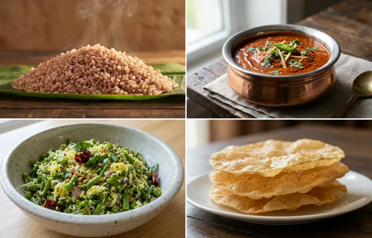 Matta Rice with Tomato Curry, Achinga Payar Thoran and Pappadam