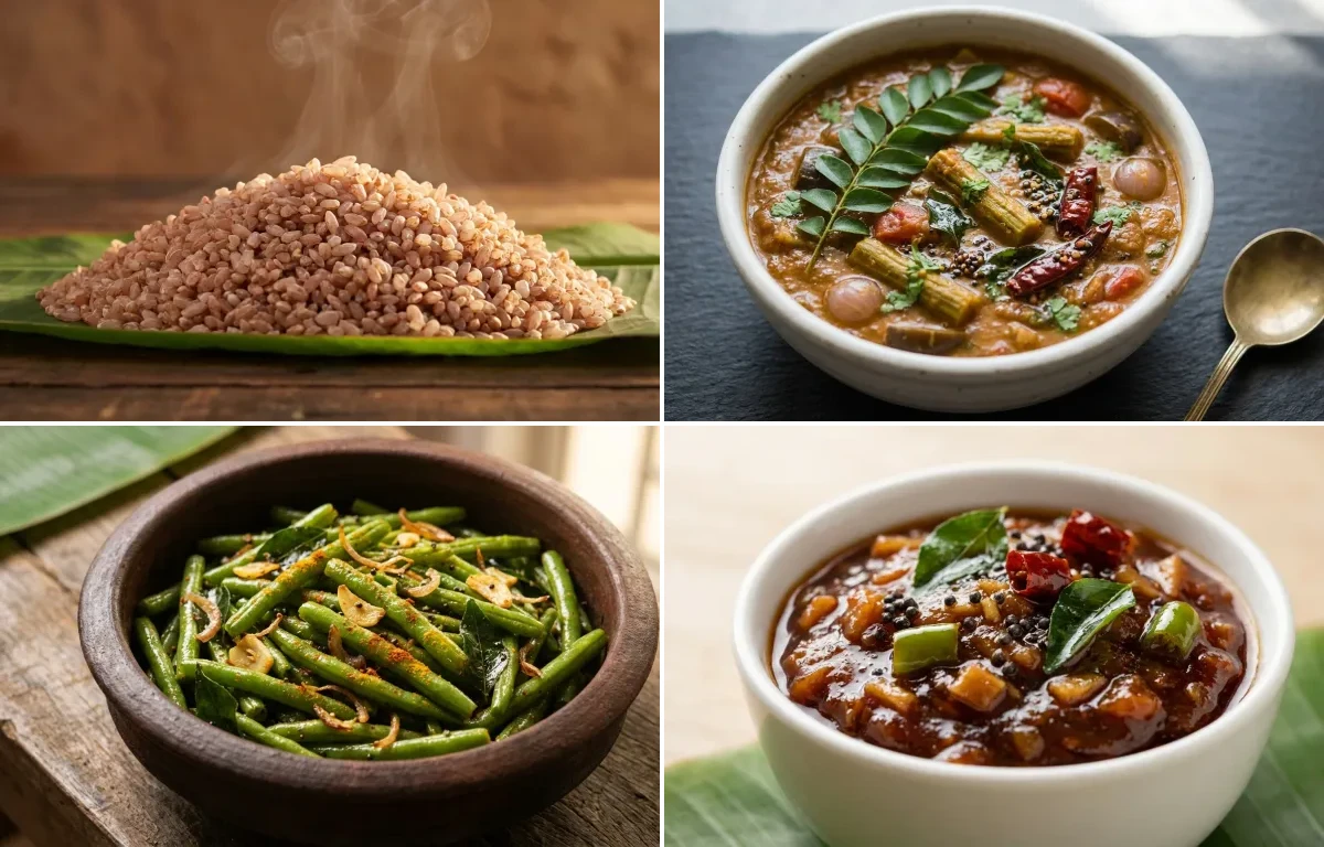 Matta Rice with Varutharacha Sambar, Beans Mezhukkupuratti and Puli Inji
