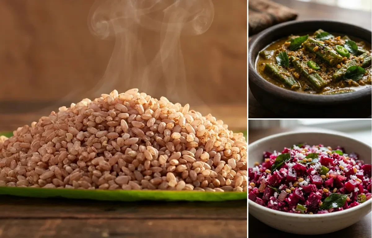 Matta Rice with Vendakka Theeyal and Beetroot Thoran