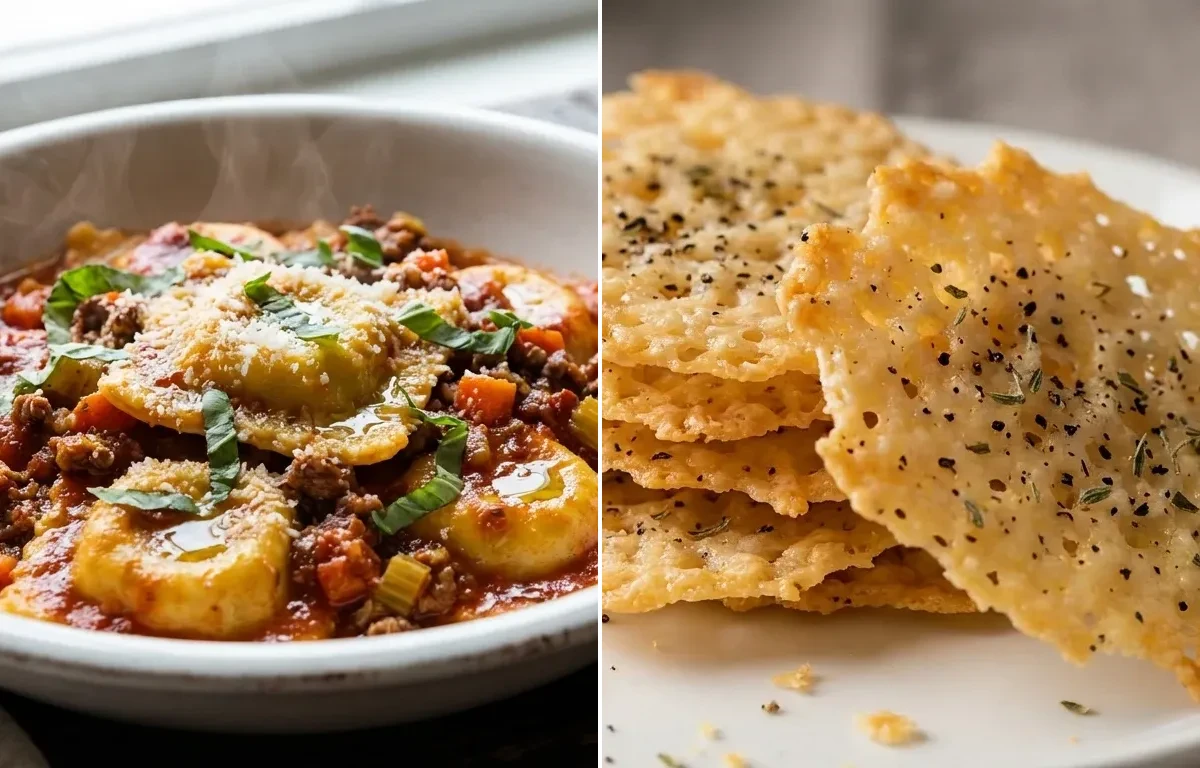 Meat Ravioli with Bolognese Sauce with Parmesan Crisps