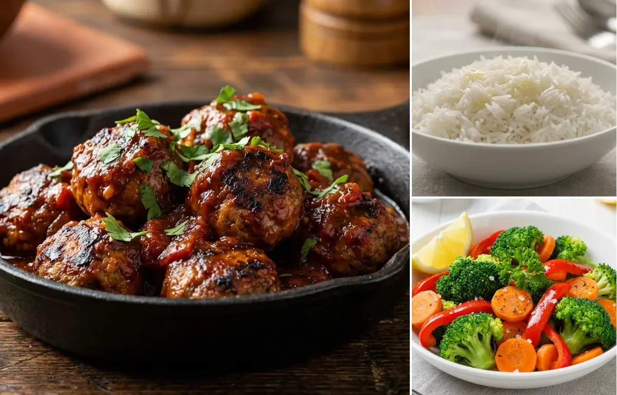 Meatballs in Chipotle Sauce with Steamed Basmati Rice and Steamed Vegetables
