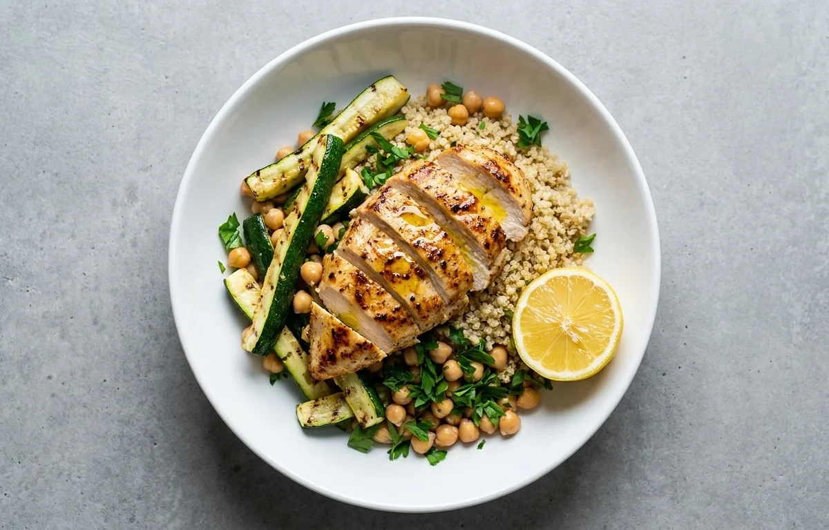 Mediterranean Grain Bowl with Chicken Quinoa and Chickpeas