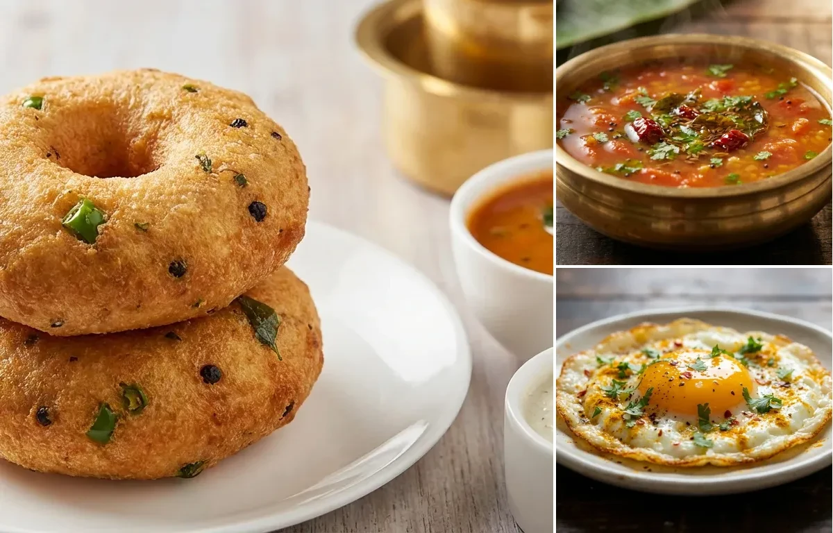 Medu Vada with Tomato Rasam and Fried Egg