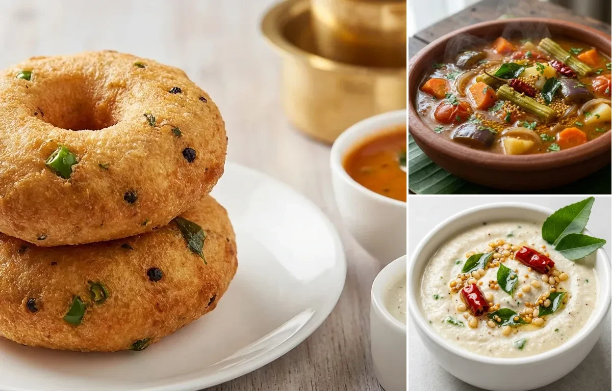 Medu Vada with Vegetable Sambar and Coconut Chutney