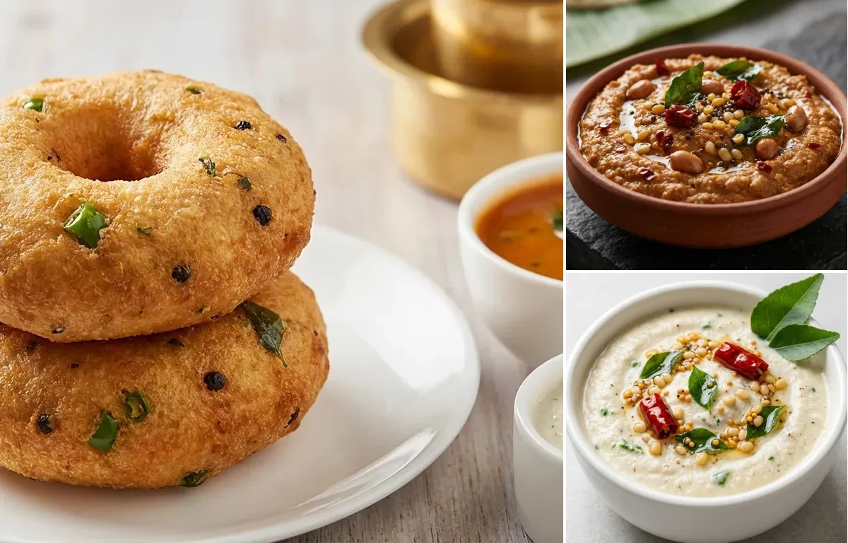 Medu Vada with Vegan Sambar, Peanut Chutney and Coconut Chutney