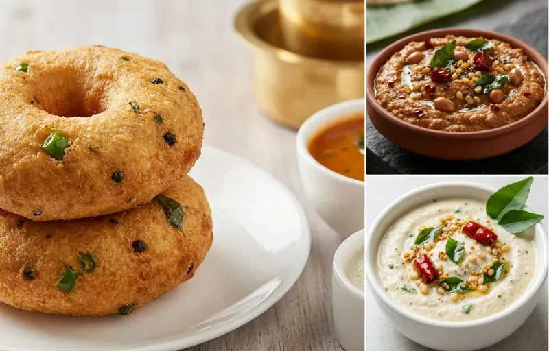 Medu Vada with Vegan Sambar, Peanut Chutney and Coconut Chutney