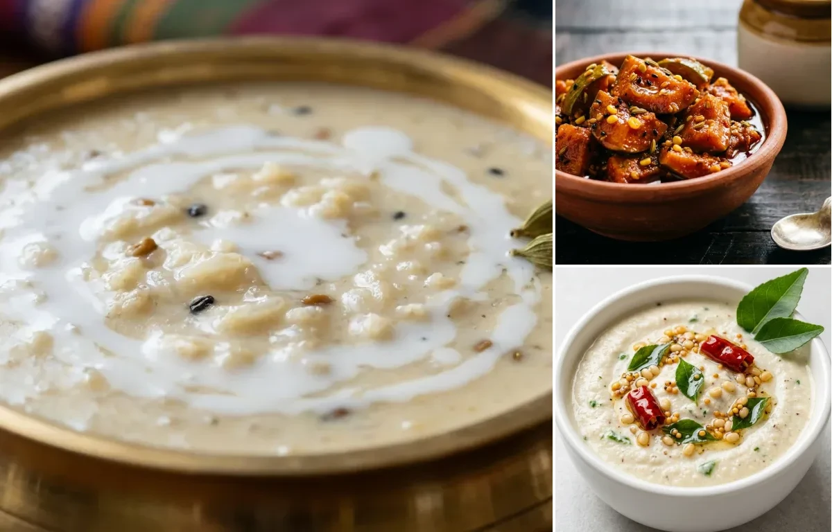 Menthya Ganje with Mango Pickle and Coconut Chutney