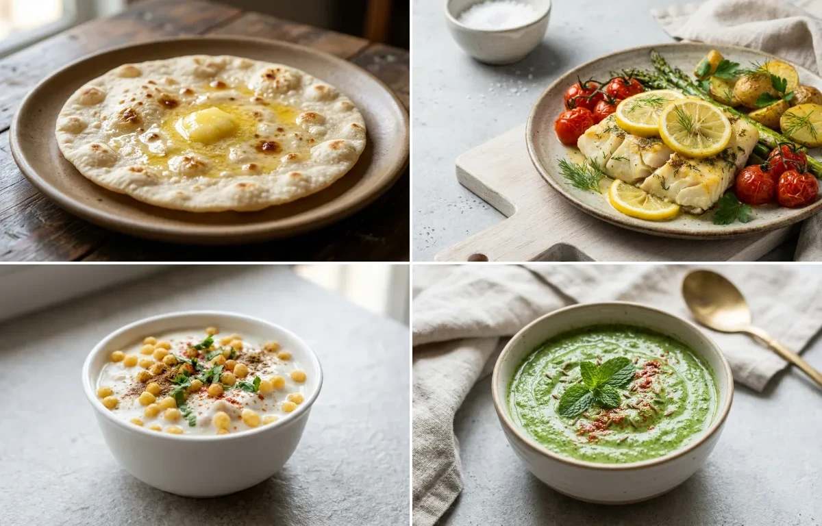 Methi Dal with Jowar Roti, Baked Cod With Lemon, Boondi Raita and Mint Yogurt Chutney