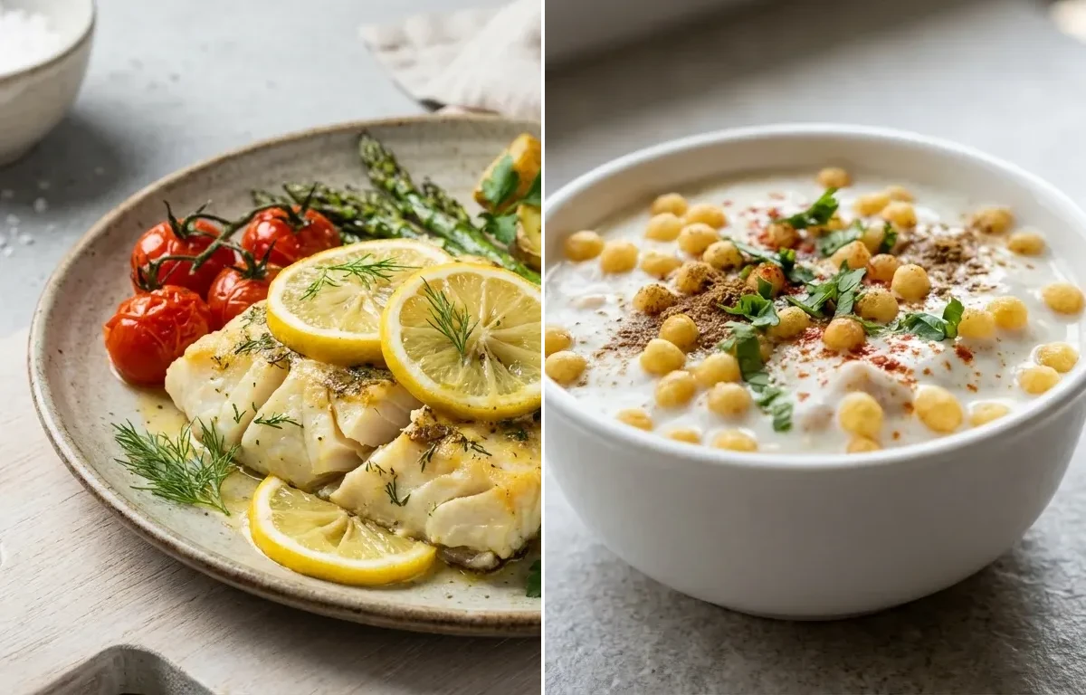 Methi Dal with One Chapati, Baked Cod With Lemon and Boondi Raita