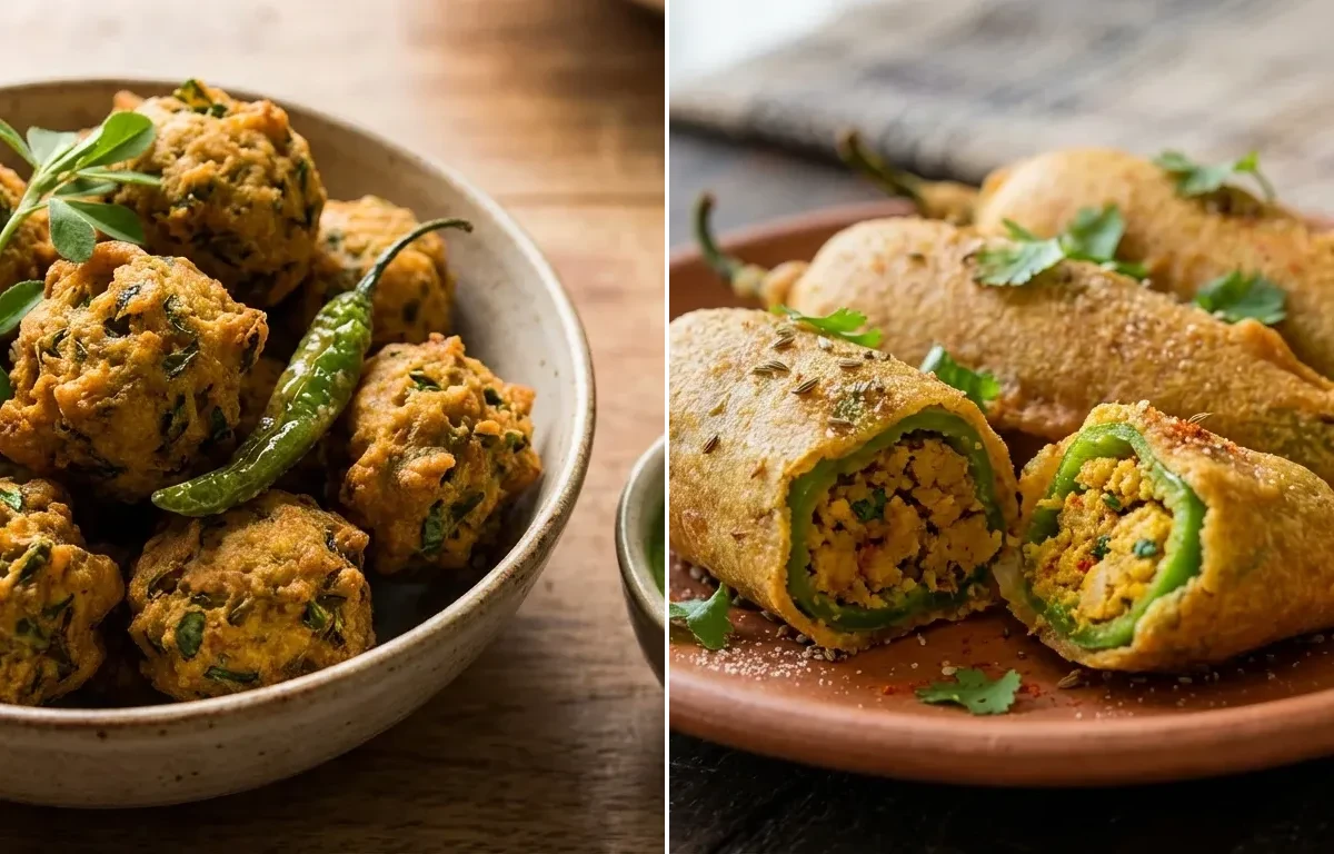 Methi na Gota with Stuffed Fried Green Chillies