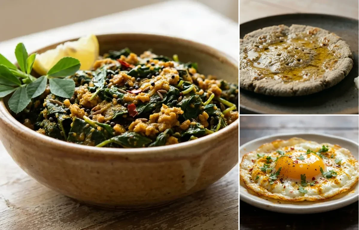Methi ni Bhaji nu Shaak with Bajra Rotlo and Fried Egg