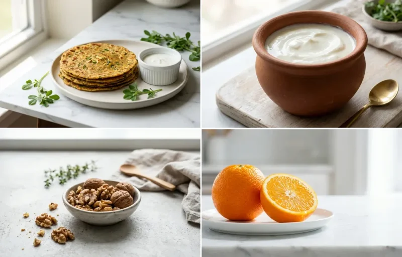 Methi Oats Thepla with Curd with Walnuts Small Portion with Orange