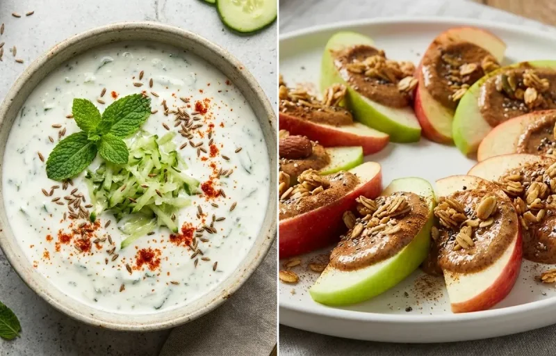 Methi Paratha with Cucumber Mint Raita, Egg White Scramble, Apple Slices With Almond Butter and Mint Coriander Chutney No-Salt