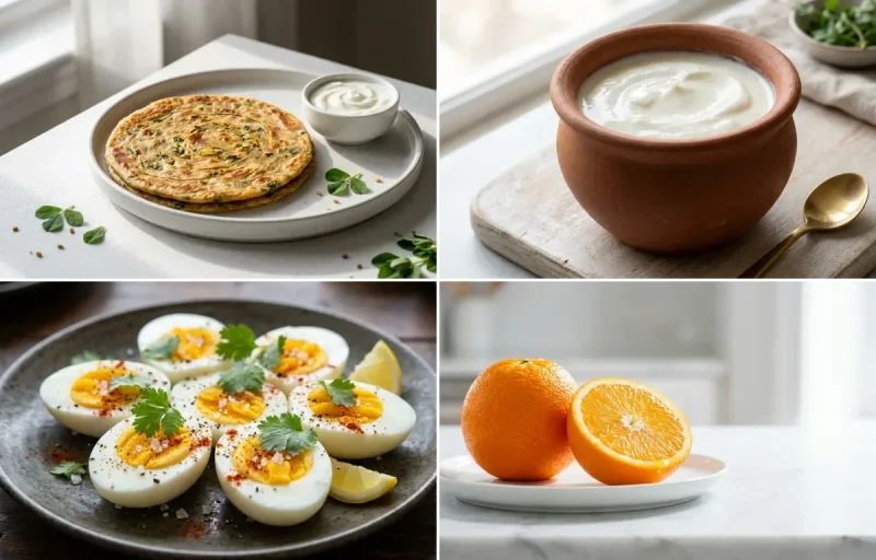 Methi Paratha with Curd with Boiled Egg with Orange