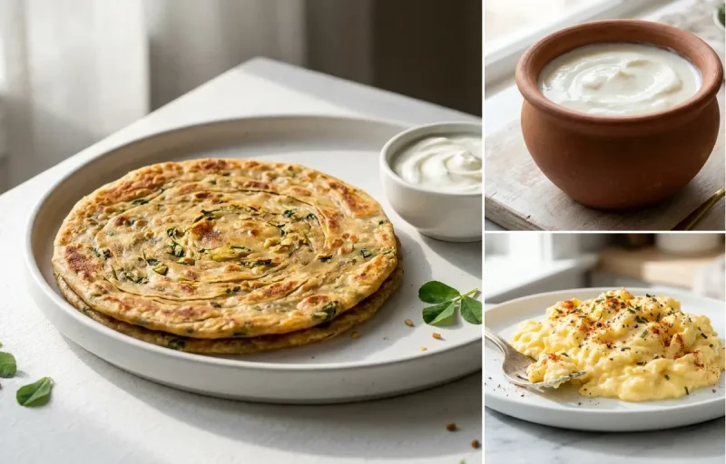Methi Paratha with Curd with Scrambled Eggs with Brazil Nuts