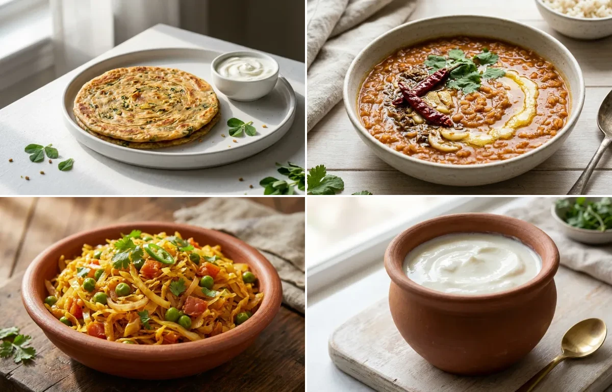 Methi Paratha with Masoor Dal with Cabbage Sabzi with Curd