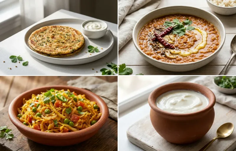 Methi Paratha with Masoor Dal with Cabbage Sabzi with Curd