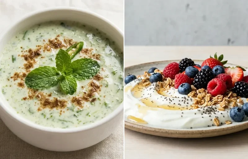 Methi Paratha with Mint Raita and Yogurt Berry Bowl
