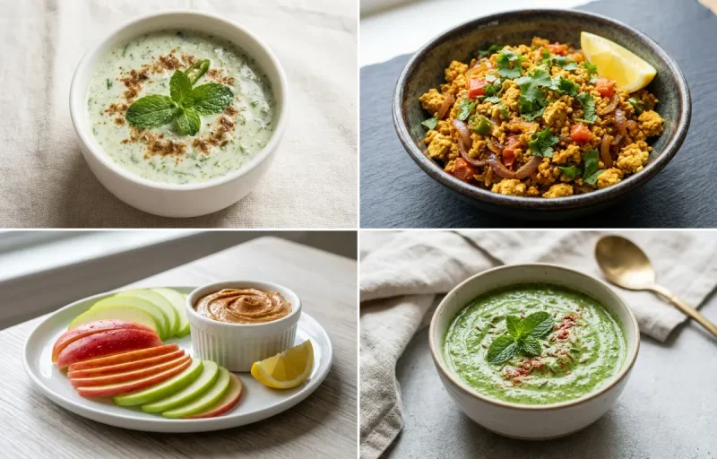 Methi Paratha with Mint Raita, Tofu Bhurji, Apple Slices With Peanut Butter and Mint Yogurt Chutney