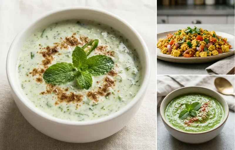 Methi Paratha with Mint Raita, Vegan Tofu Bhurji, Yogurt With Fruit and Mint Yogurt Chutney