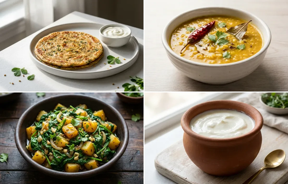 Methi Paratha with Moong Dal with Paleng Xaak Bhaji with Curd