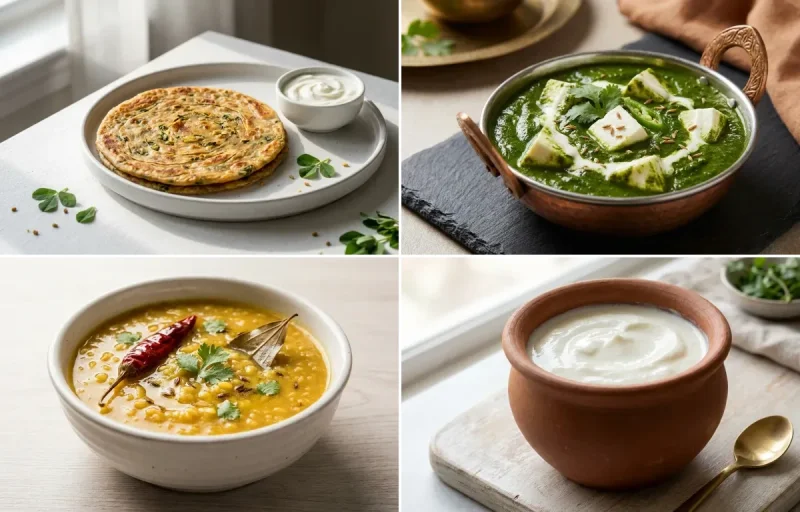 Methi Paratha with Palak Paneer with Moong Dal with Curd with Banana