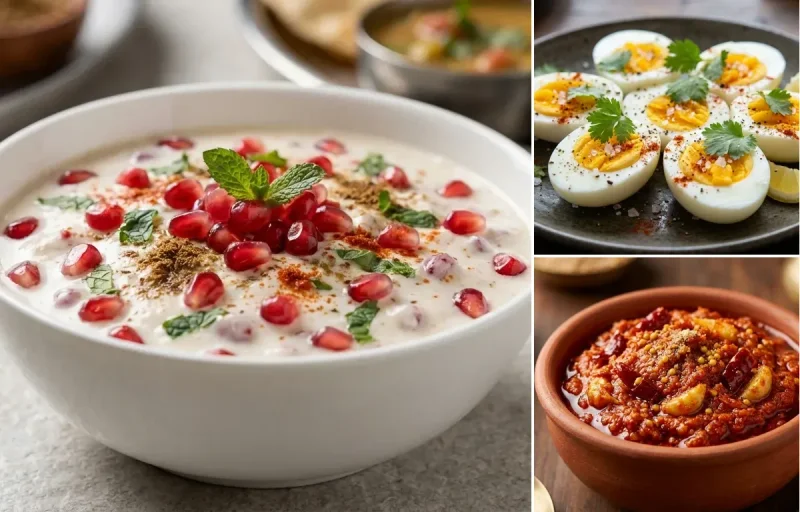 Methi Paratha with Pomegranate Raita, Boiled Egg, Cucumber Chaat and Garlic Chutney