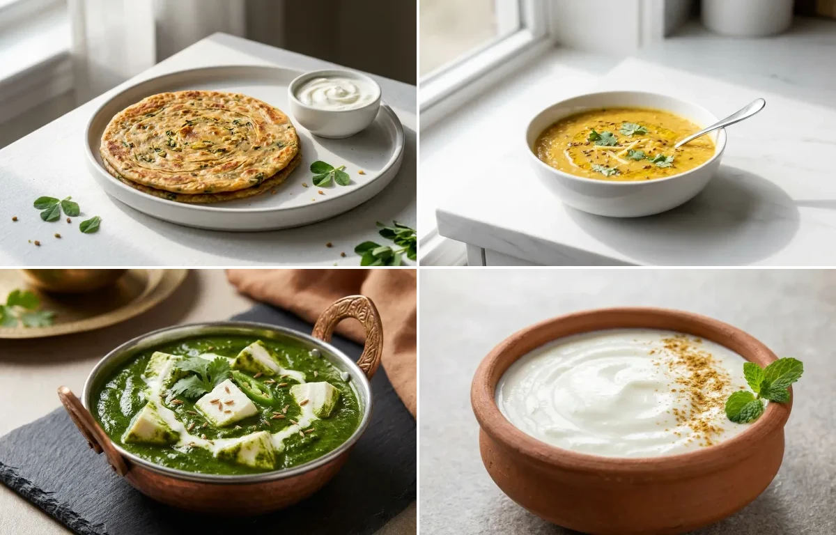Methi Paratha with Toor Dal with Palak Paneer with Dahi