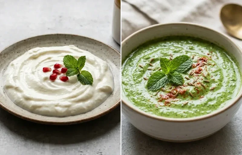 Methi Paratha with Vegan Masoor Dal, Plain Curd and Mint Yogurt Chutney