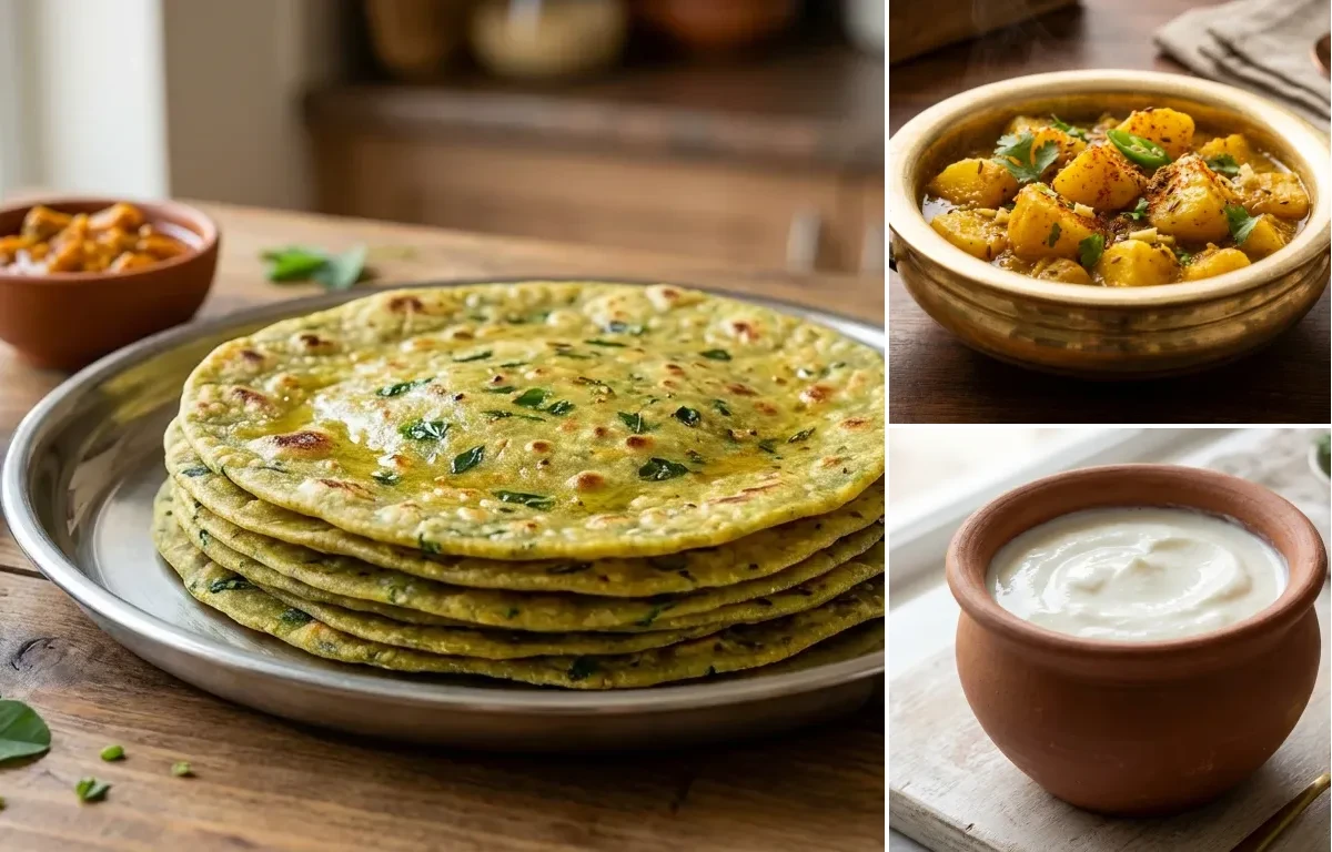 Methi Thepla with Aloo Sabzi and Curd