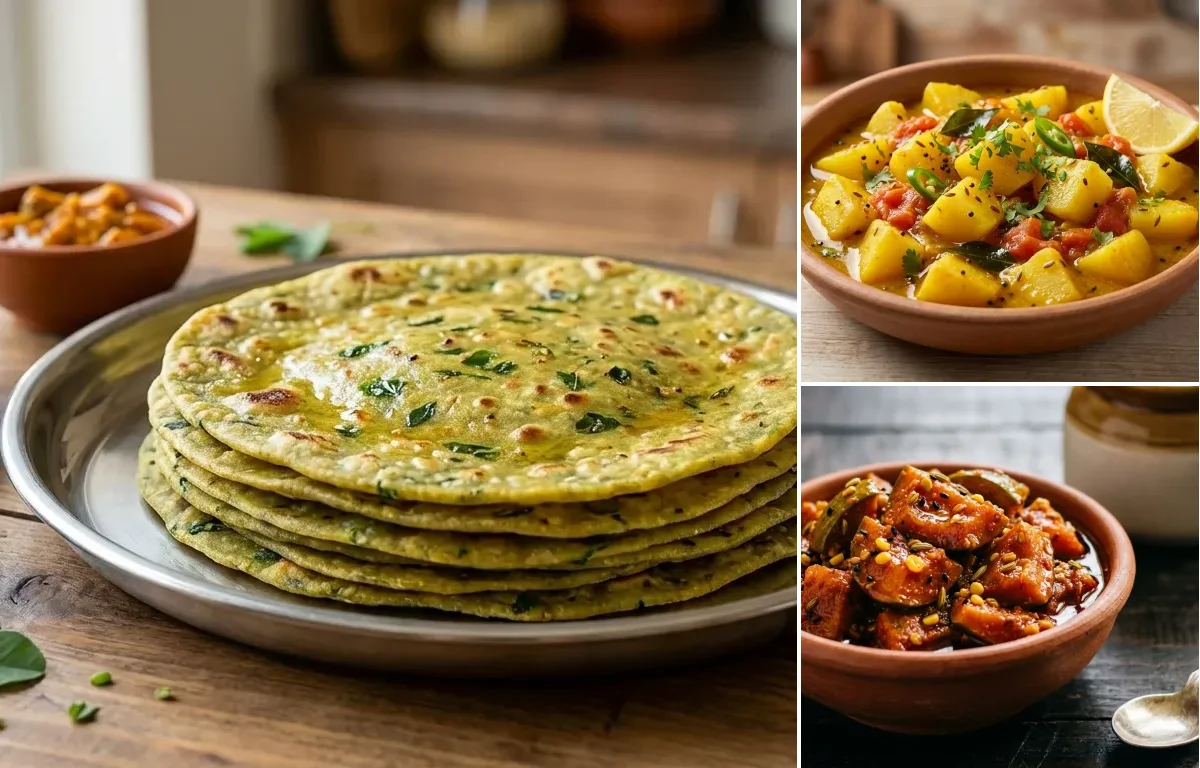 Methi Thepla with Aloo Shaak and Mango Pickle