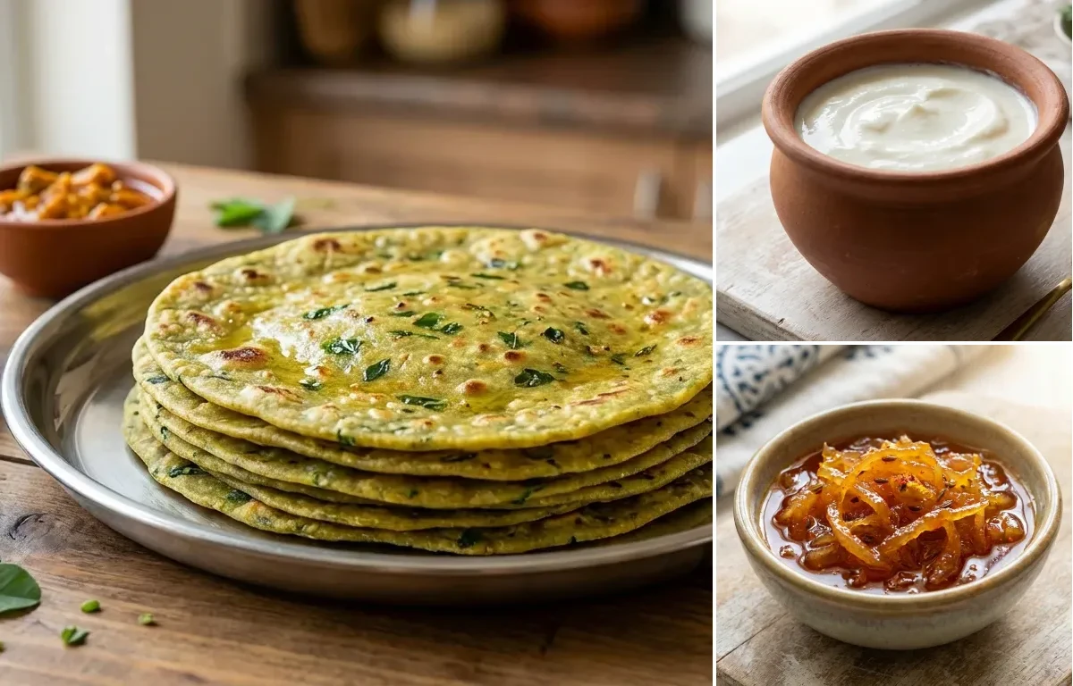 Methi Thepla with Curd and Gujarati Aam Chundo