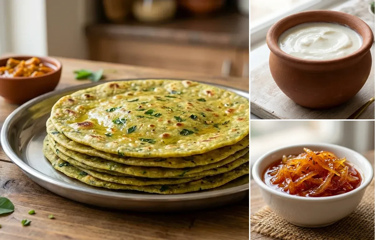 Methi Thepla with Curd and Gujarati Chhundo