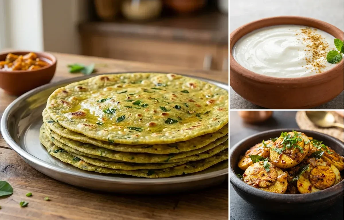 Methi Thepla with Dahi and Egg Fry