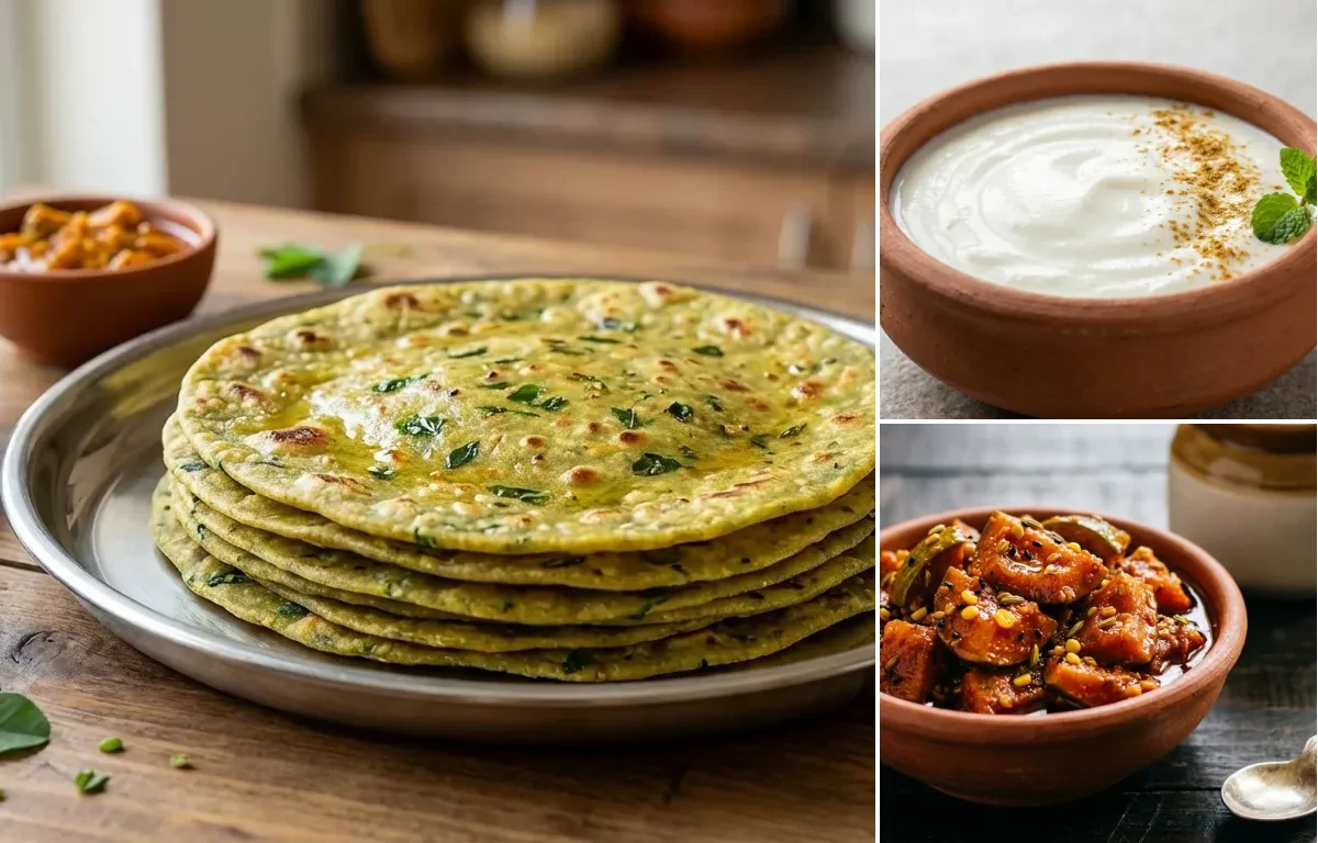 Methi Thepla with Dahi and Mango Pickle