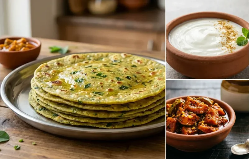 Methi Thepla with Dahi and Mango Pickle