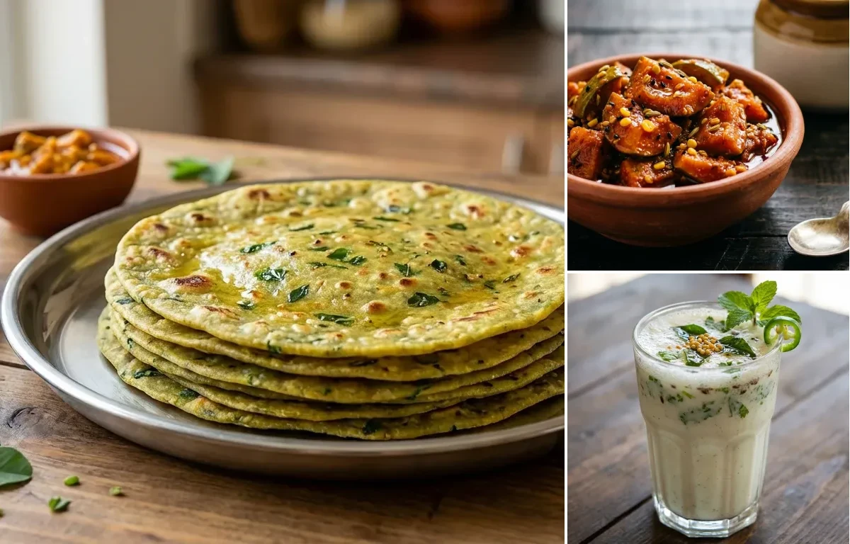 Methi Thepla with Mango Pickle and Masala Chaas