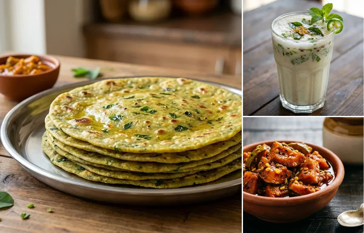 Methi Thepla with Masala Chaas and Mango Pickle